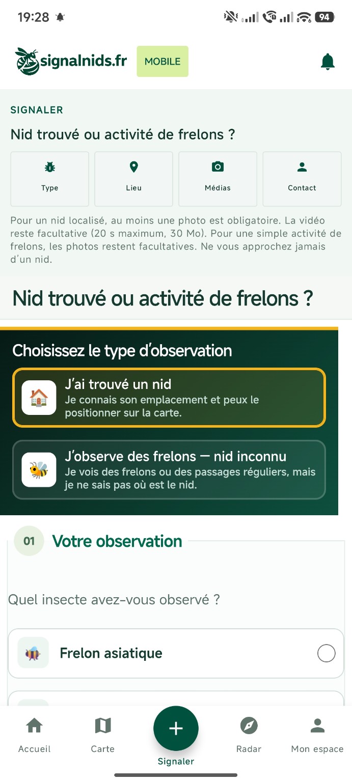 Écran de signalement SignalNids