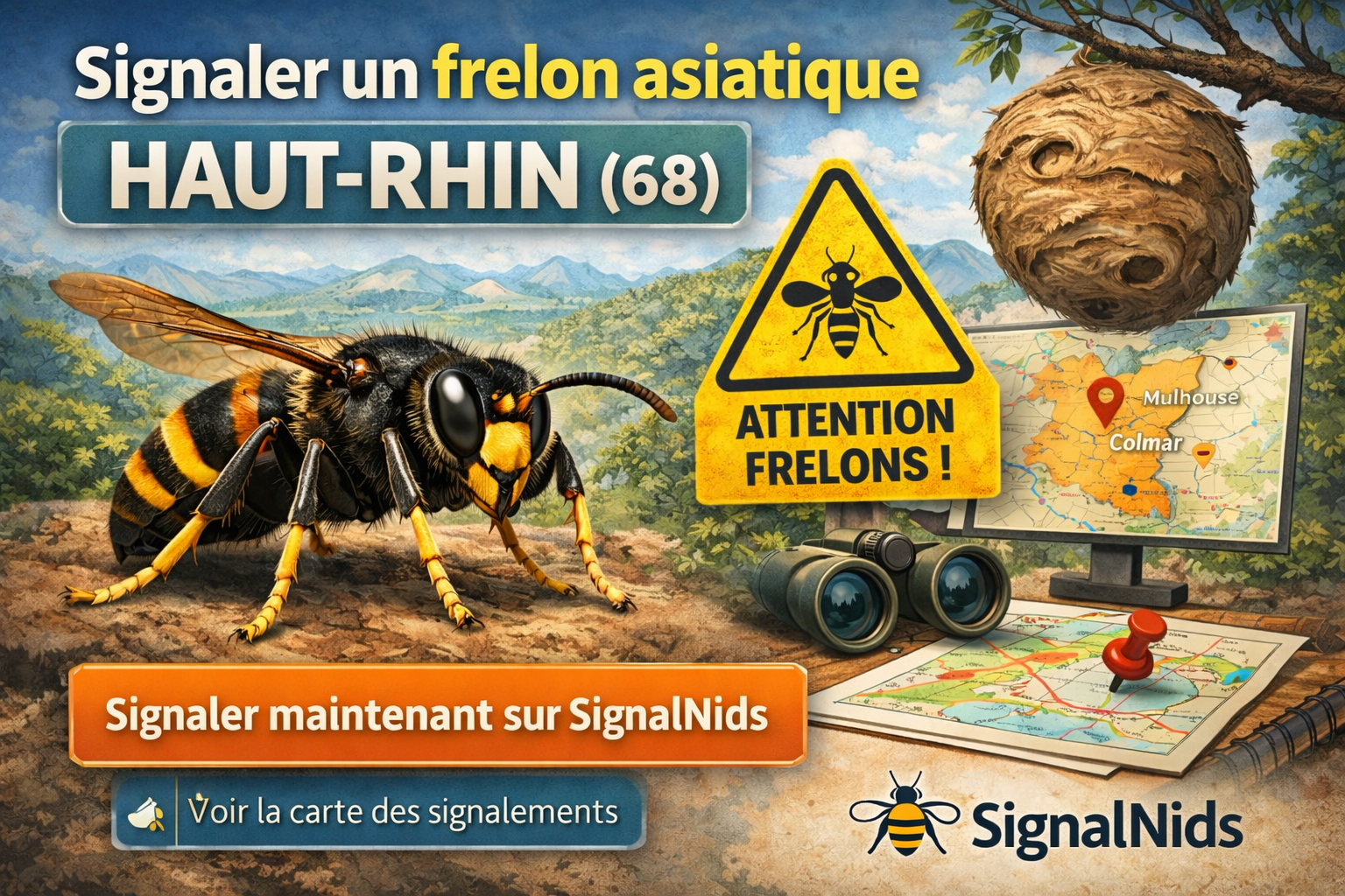 Signaler un frelon asiatique dans le Haut-Rhin (68) : nid, prévention et démarches
