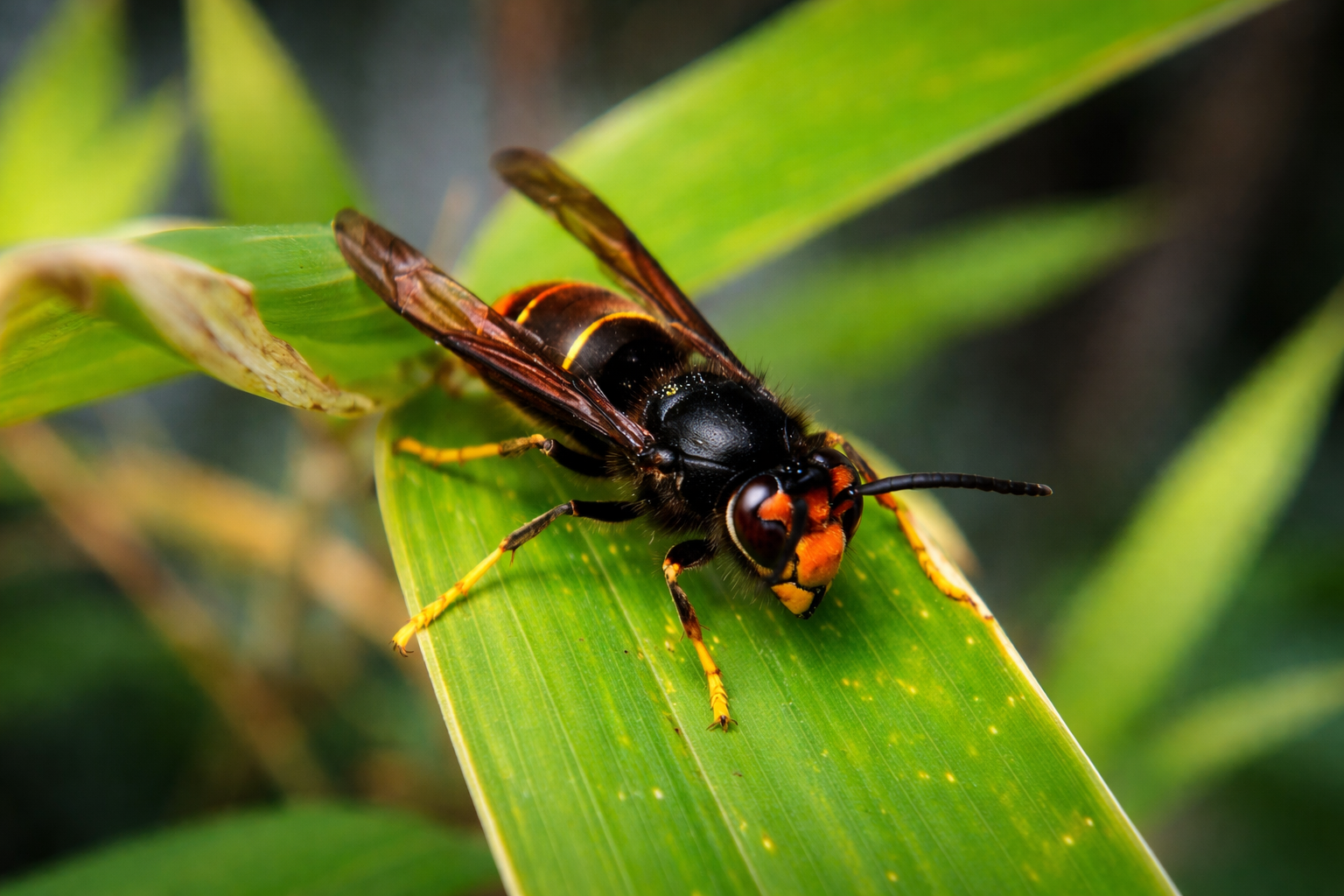Frelon asiatique Vespa velutina en gros plan