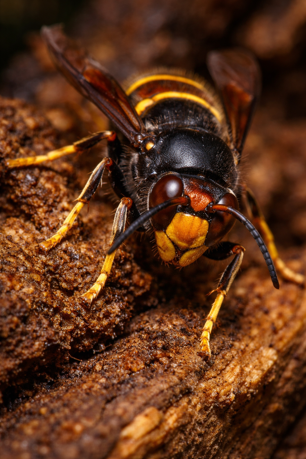 Illustration d’un frelon asiatique Vespa velutina avec thorax noir, bande orangée et extrémités des pattes jaunes