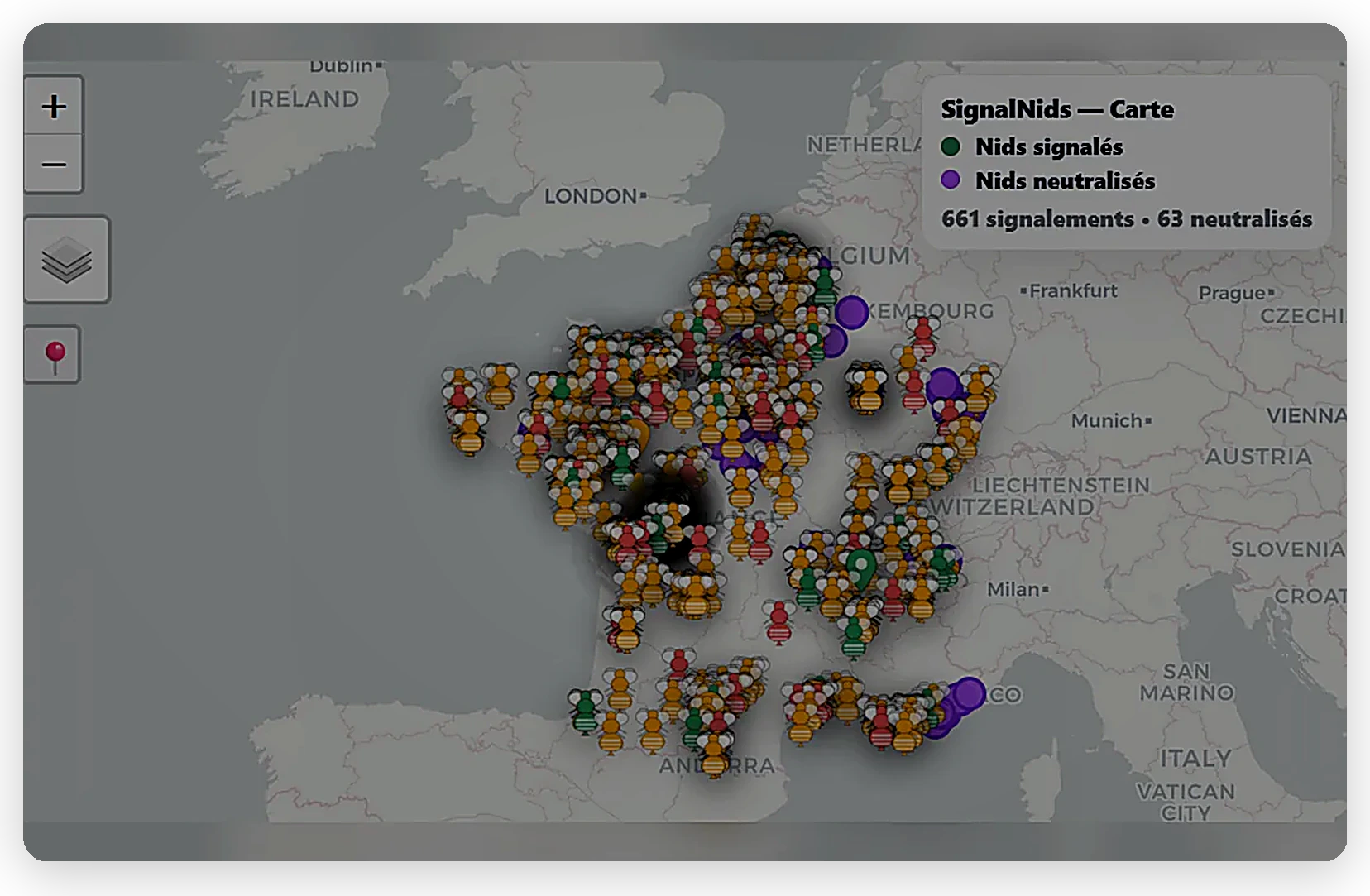 Aperçu de la carte SignalNids avec des signalements