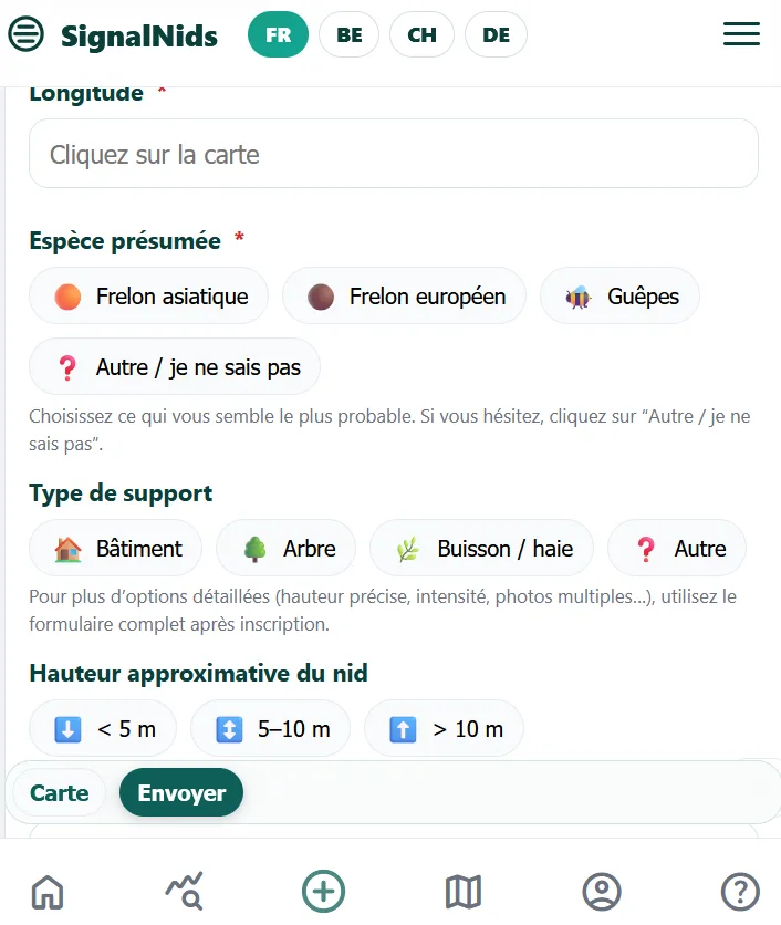Vue mobile de l&rsquo;application SignalNids pour signaler un nid de frelon asiatique