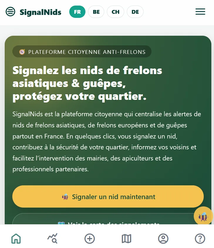 Accueil de l&rsquo;application SignalNids.fr pour le frelon asiatique