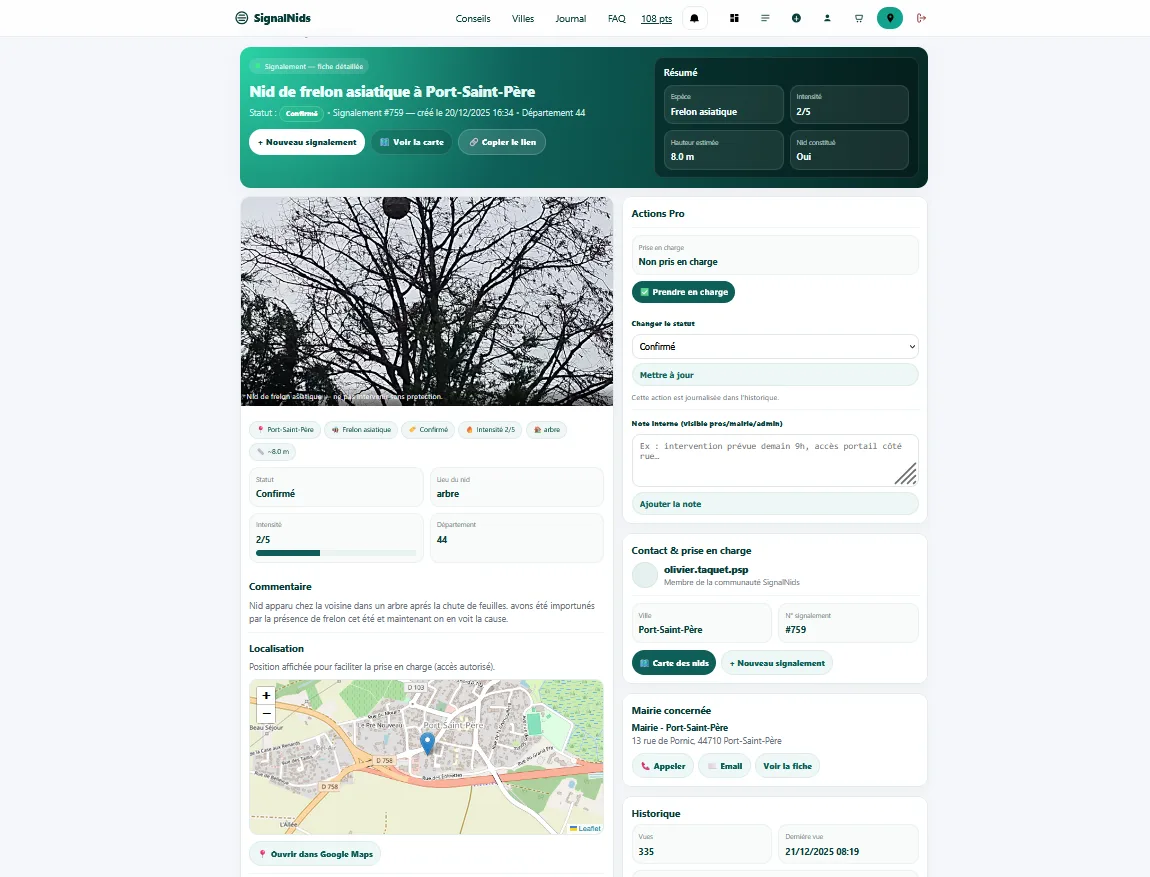 Signalement de nid de frelon asiatique sur signalnids