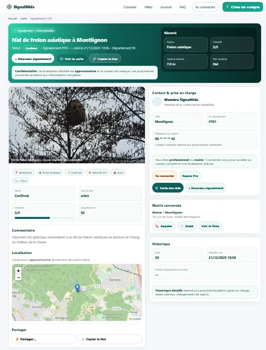 Signalement de frelon asiatique sur signalnids