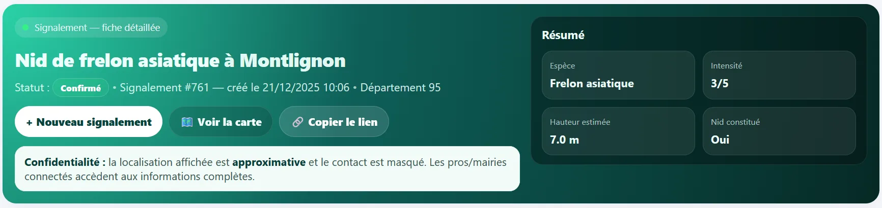 Status du signalement nid de frelon asiatique