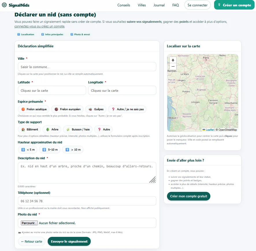 Formulaire SignalNids pour signaler un nid de frelon asiatique avec carte, photo et description