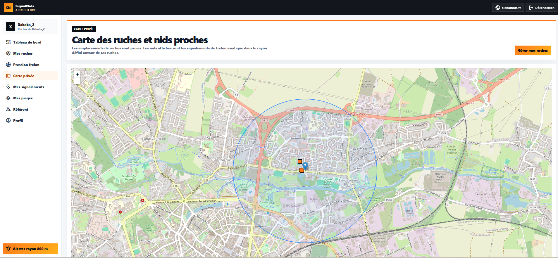 Carte priv&eacute;e des ruches et nids proches dans SignalNids Apiculteur