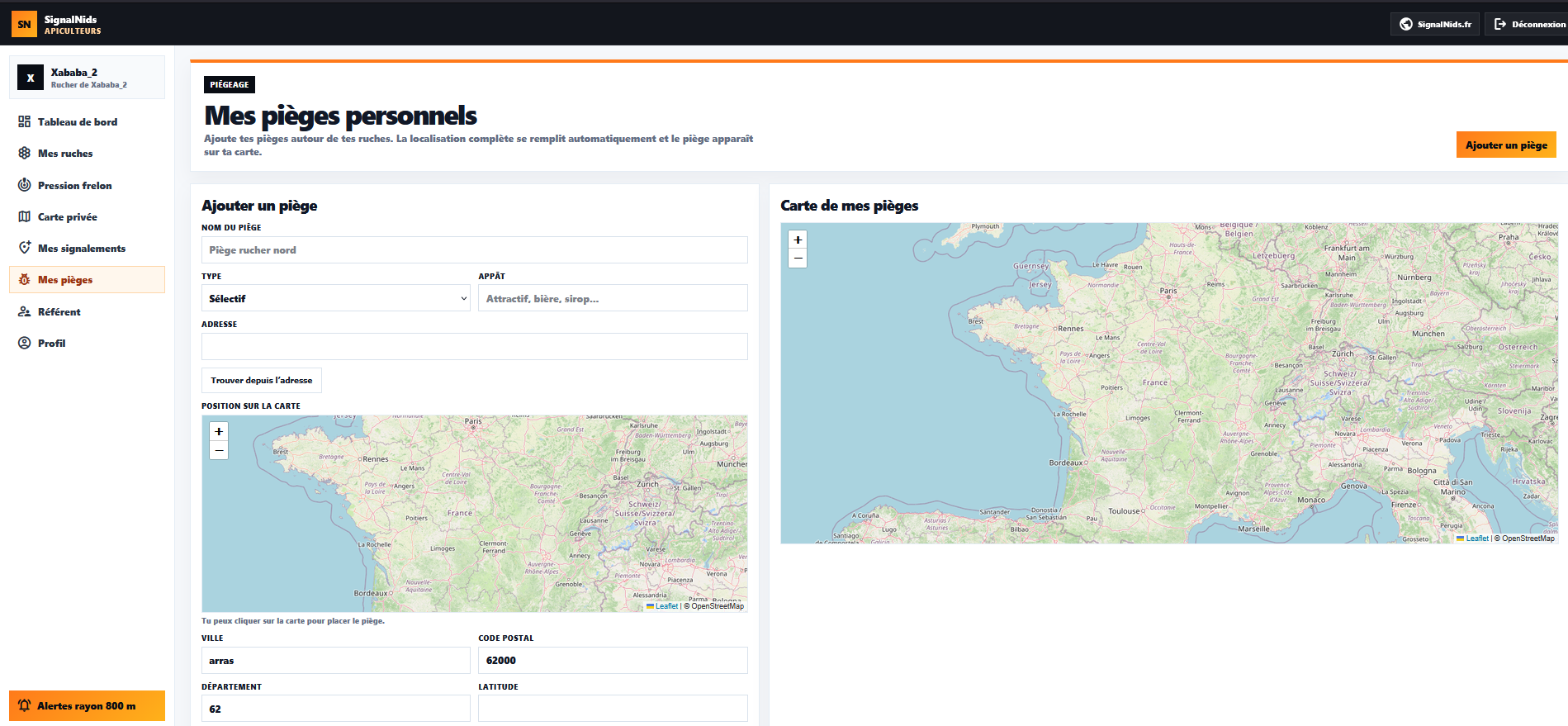 Gestion des pi&egrave;ges personnels dans l&rsquo;espace SignalNids Apiculteur