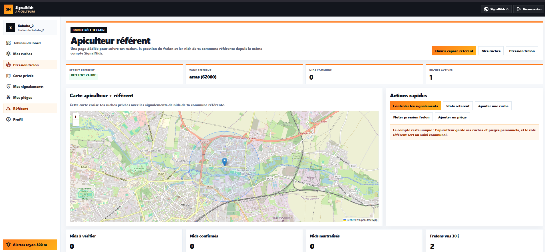 Espace apiculteur r&eacute;f&eacute;rent dans SignalNids pour suivre les ruches et les nids communaux