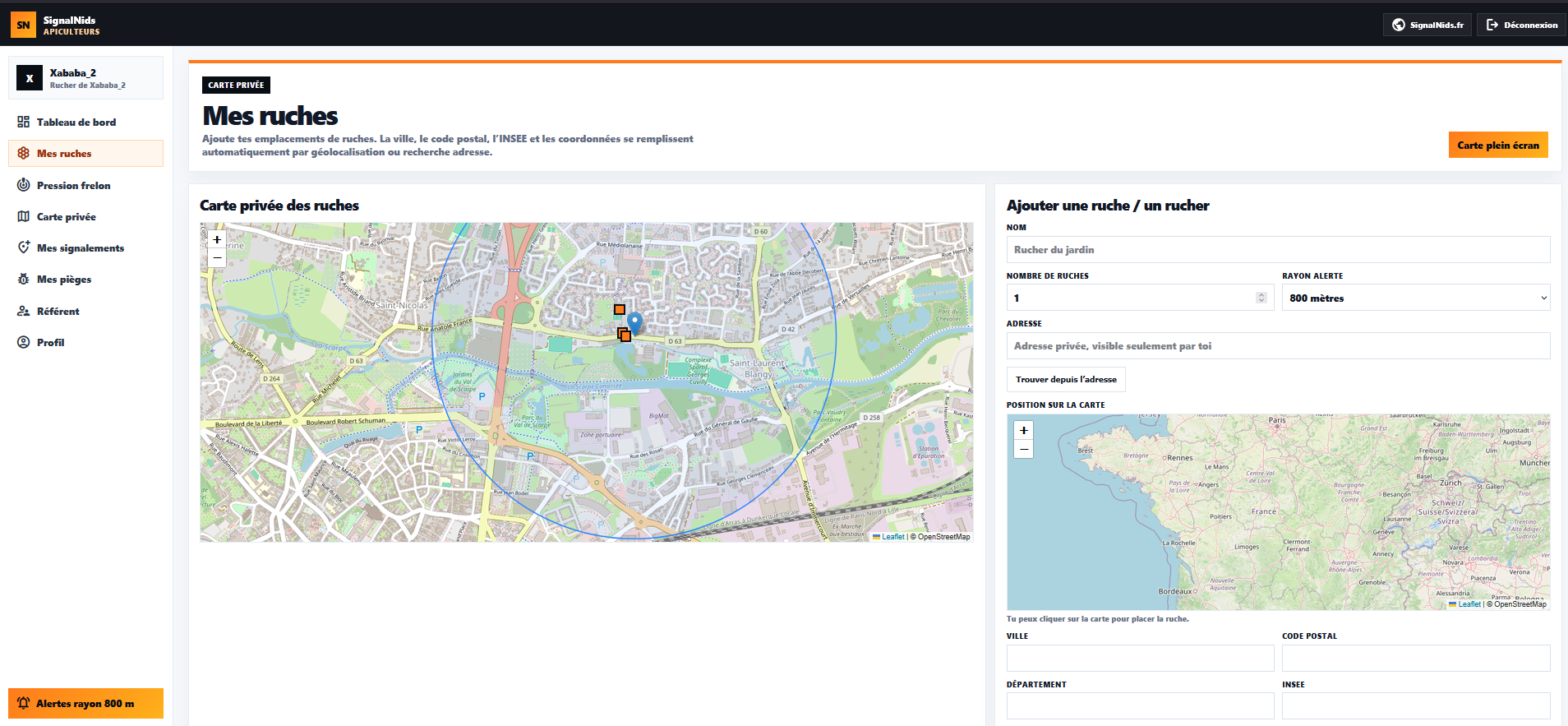 Carte priv&eacute;e des ruches dans l&rsquo;espace SignalNids Apiculteur