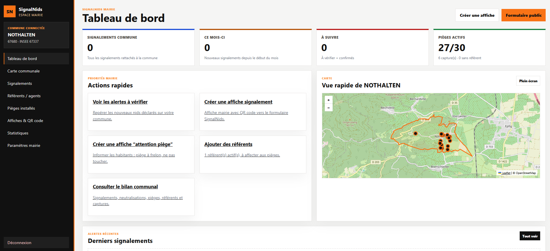 Tableau de bord SignalNids mairie pour suivre les signalements, les pi&egrave;ges et les actions rapides