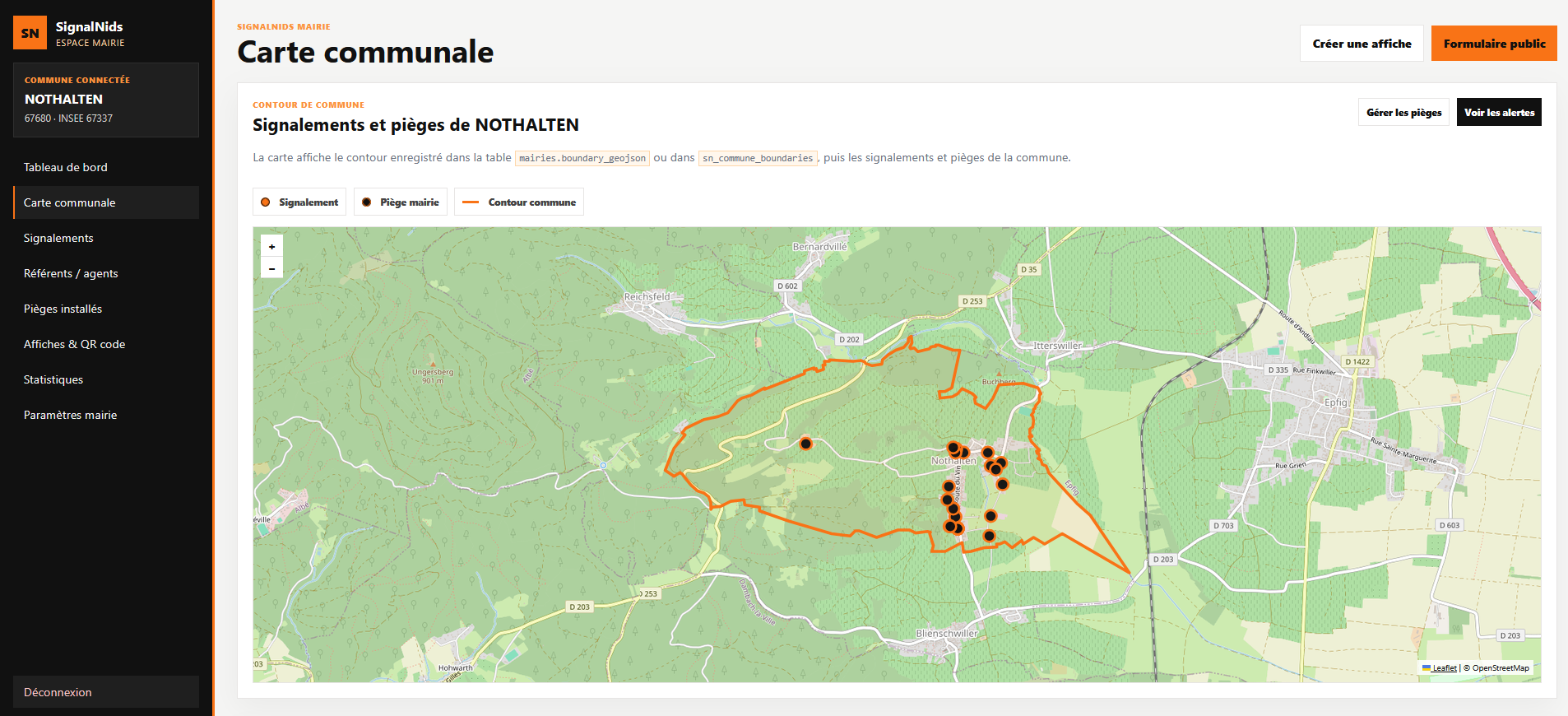 Carte communale SignalNids avec signalements de nids et pi&egrave;ges install&eacute;s dans la commune