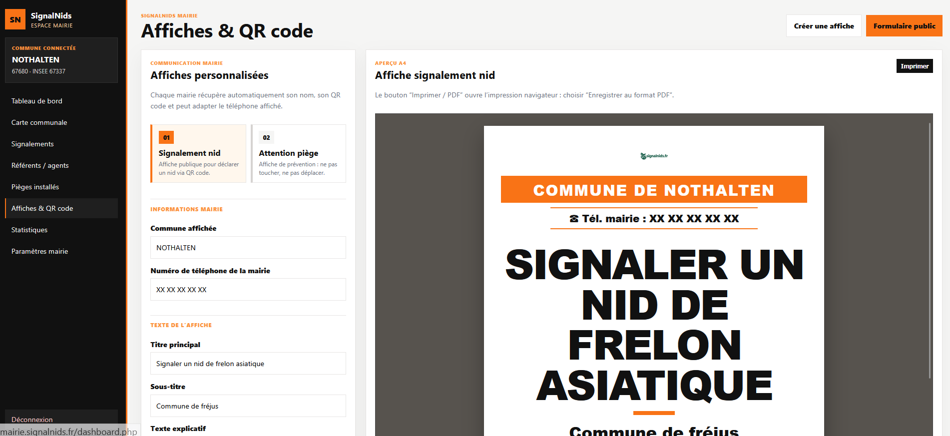 Affiche QR code SignalNids mairie pour signaler un nid de frelon asiatique