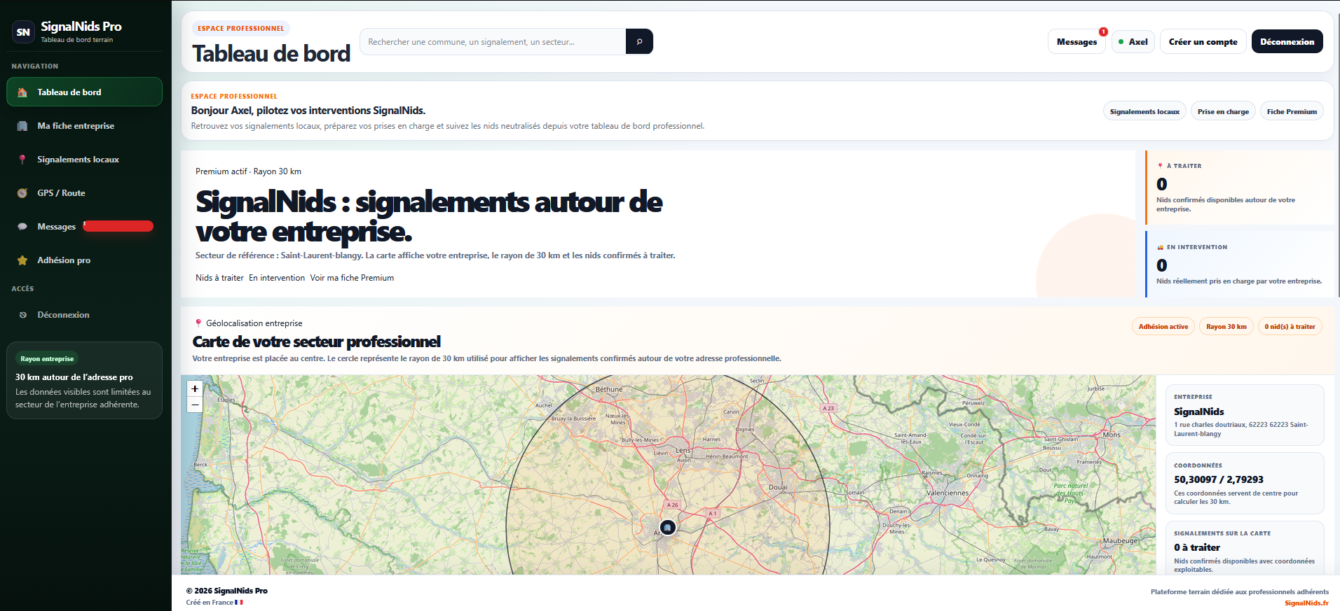 Tableau de bord SignalNids Pro avec les signalements autour de l&rsquo;entreprise
