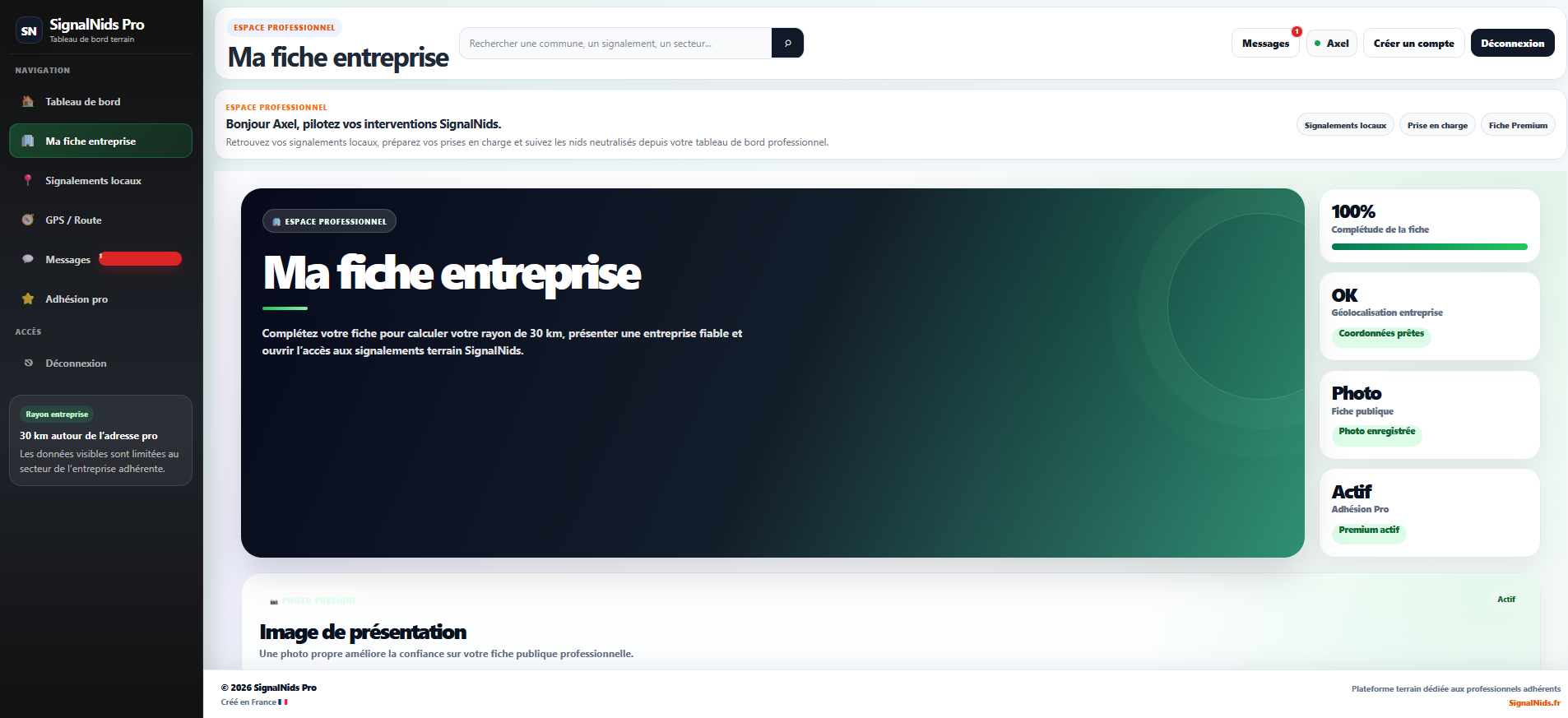 Fiche entreprise SignalNids Pro pour pr&eacute;senter son activit&eacute; professionnelle
