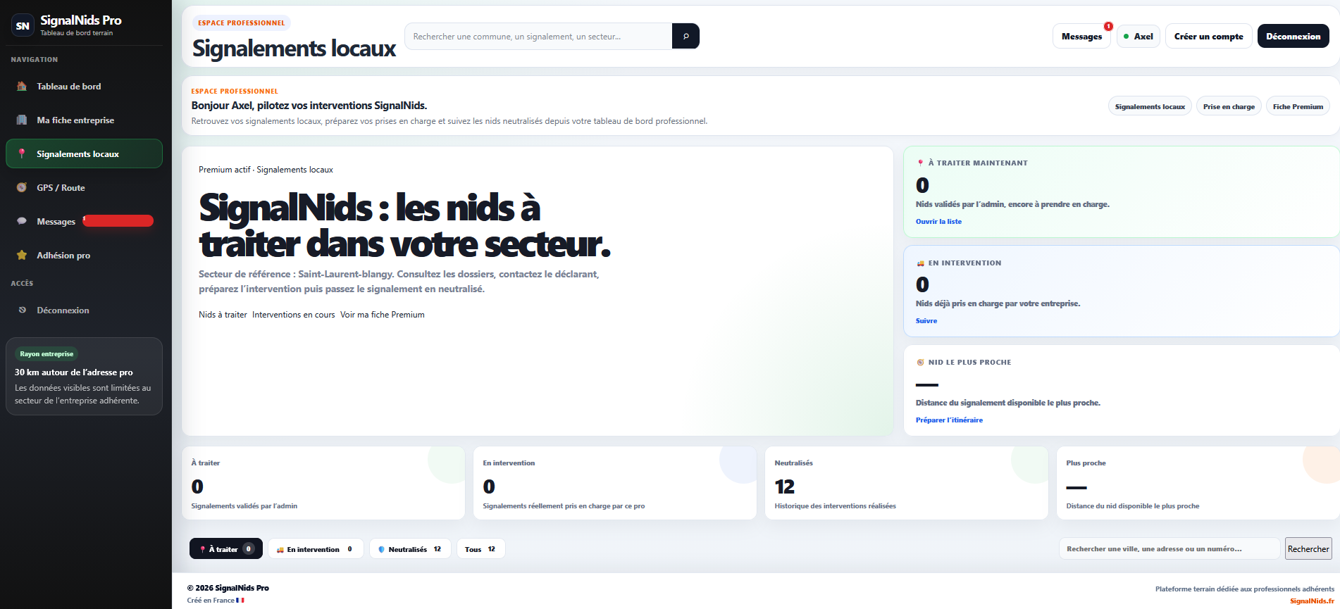 Signalements locaux dans l&rsquo;espace professionnel SignalNids Pro