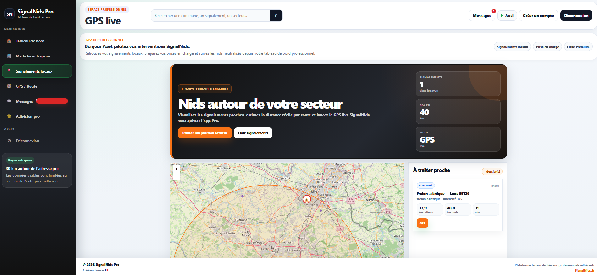 GPS live SignalNids Pro pour pr&eacute;parer un itin&eacute;raire vers un nid &agrave; traiter