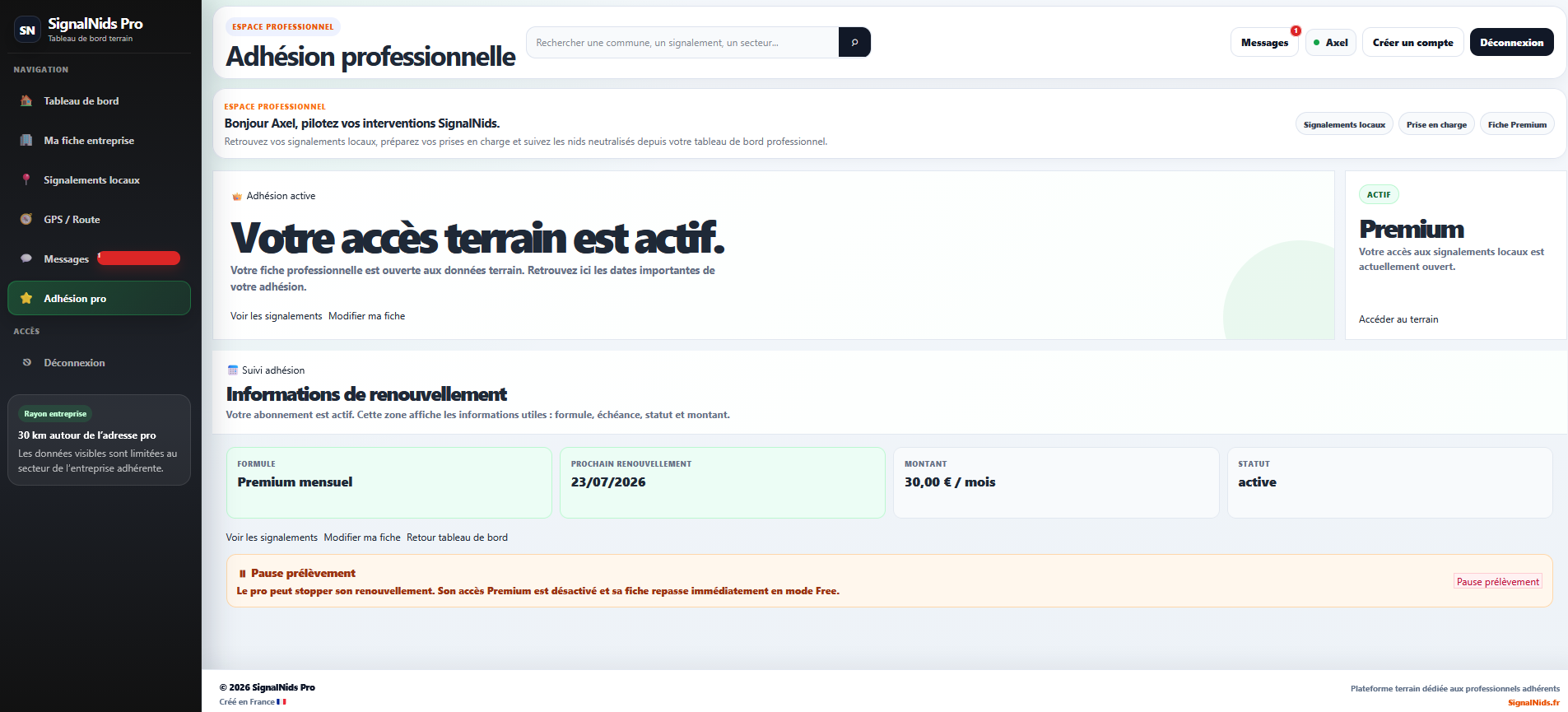 Adh&eacute;sion professionnelle SignalNids Pro pour acc&eacute;der aux signalements locaux