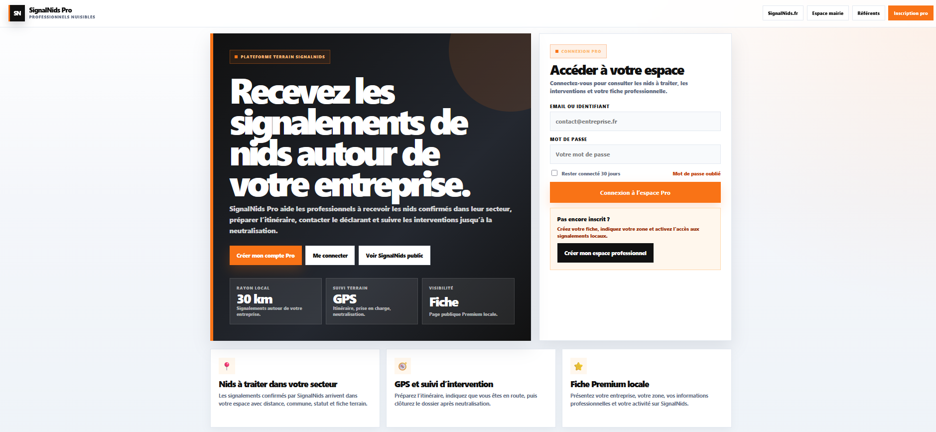 Accueil de SignalNids Pro pour recevoir les signalements de nids autour de son entreprise