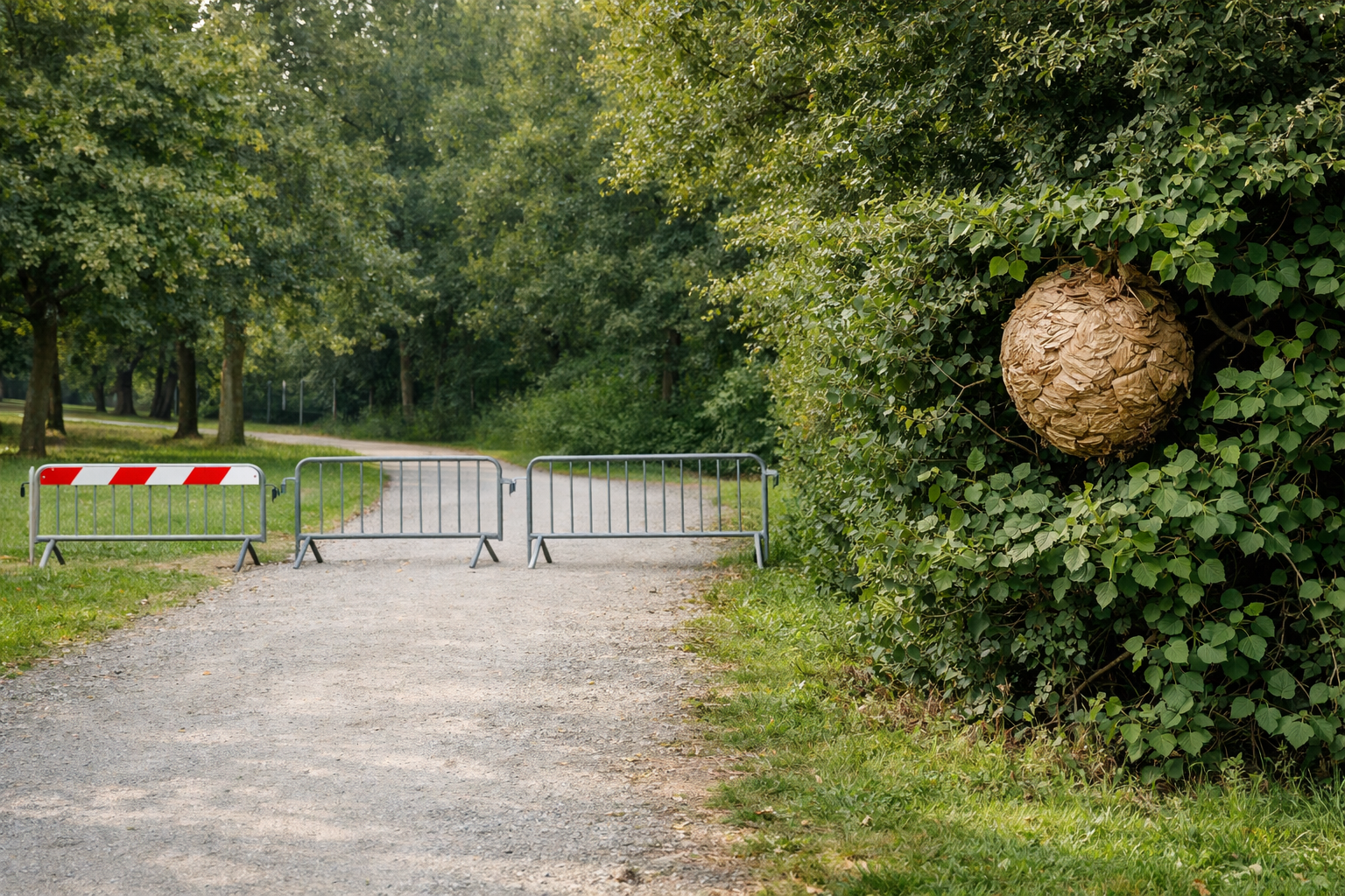 Chemin communal sécurisé à distance devant un nid actif