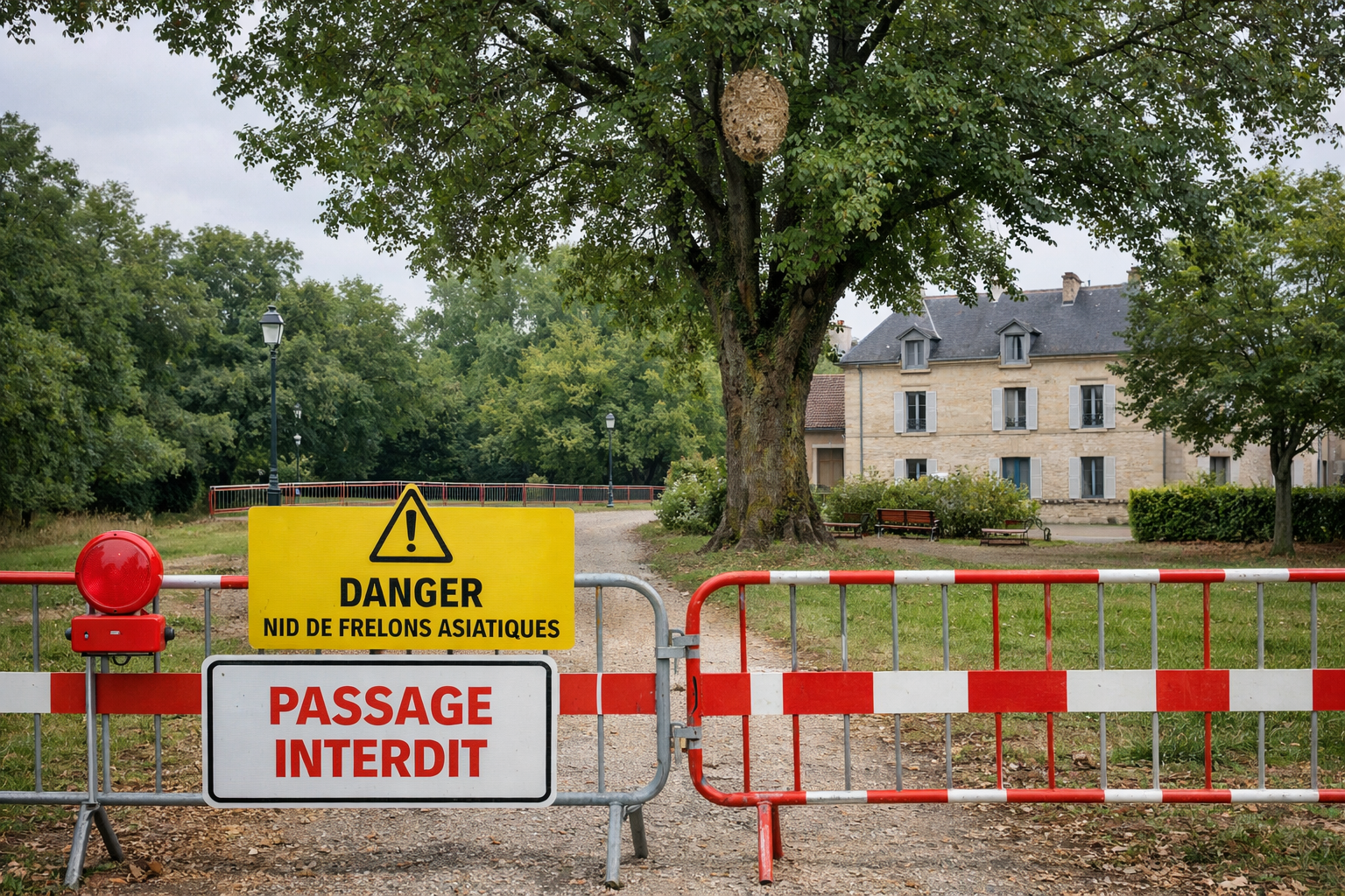 Parc communal sécurisé autour d’un nid de frelons asiatiques