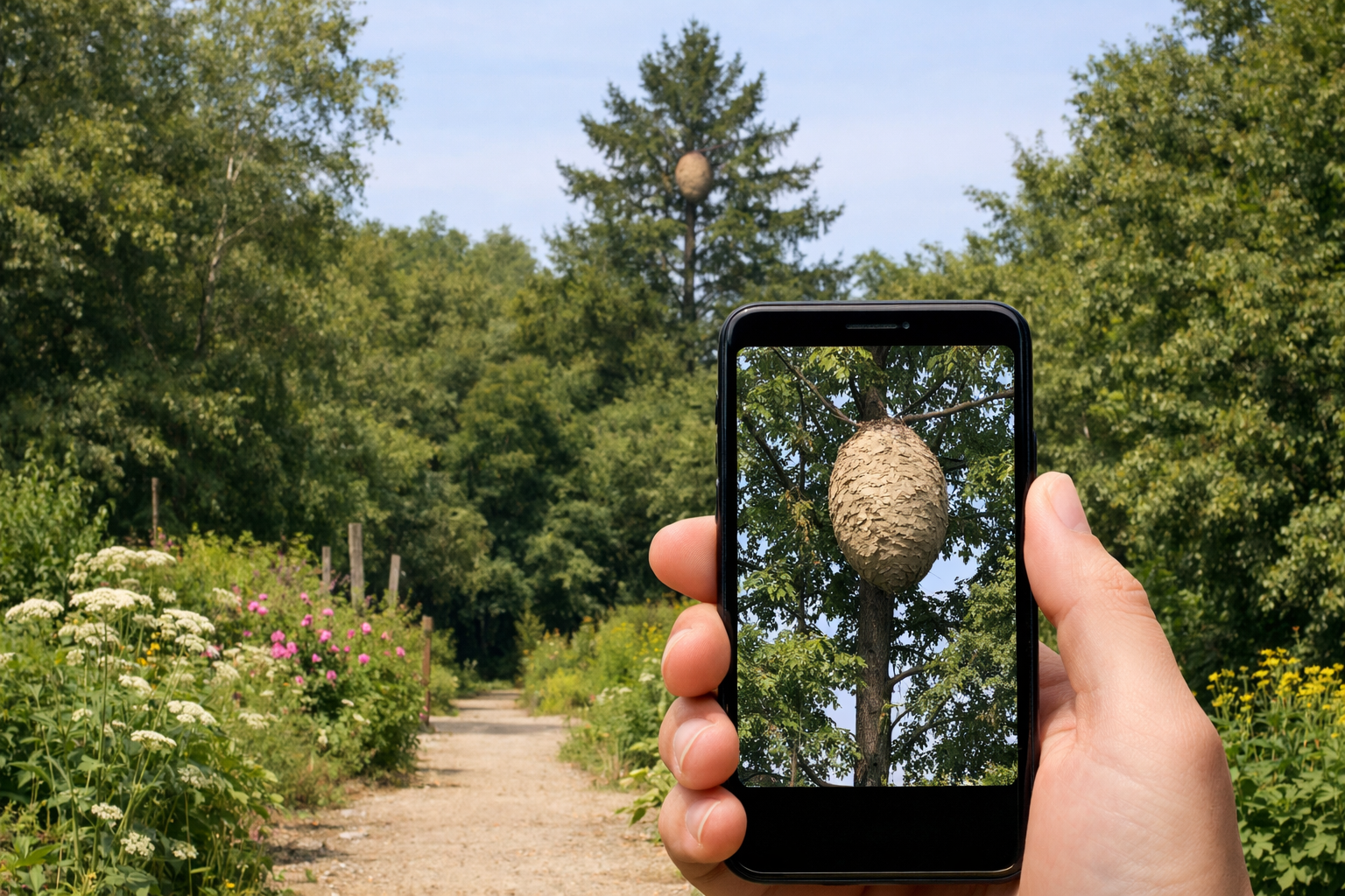 Photographie prudente d’un nid en hauteur depuis un chemin dégagé