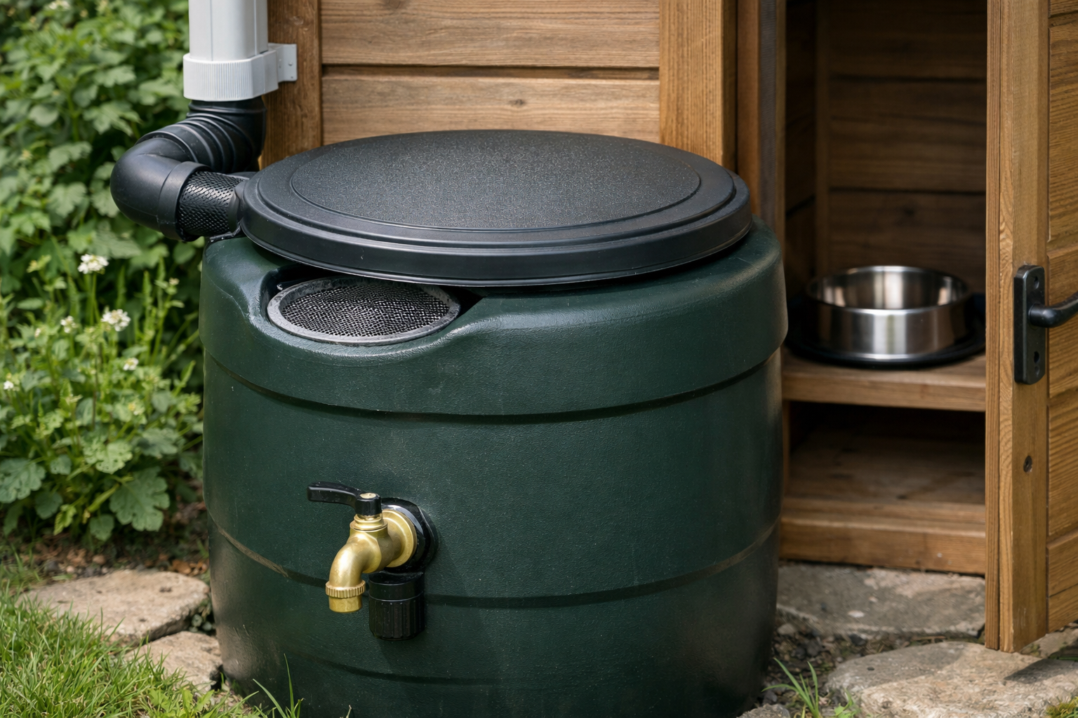 Récupérateur d’eau fermé avec ouvertures protégées dans un jardin