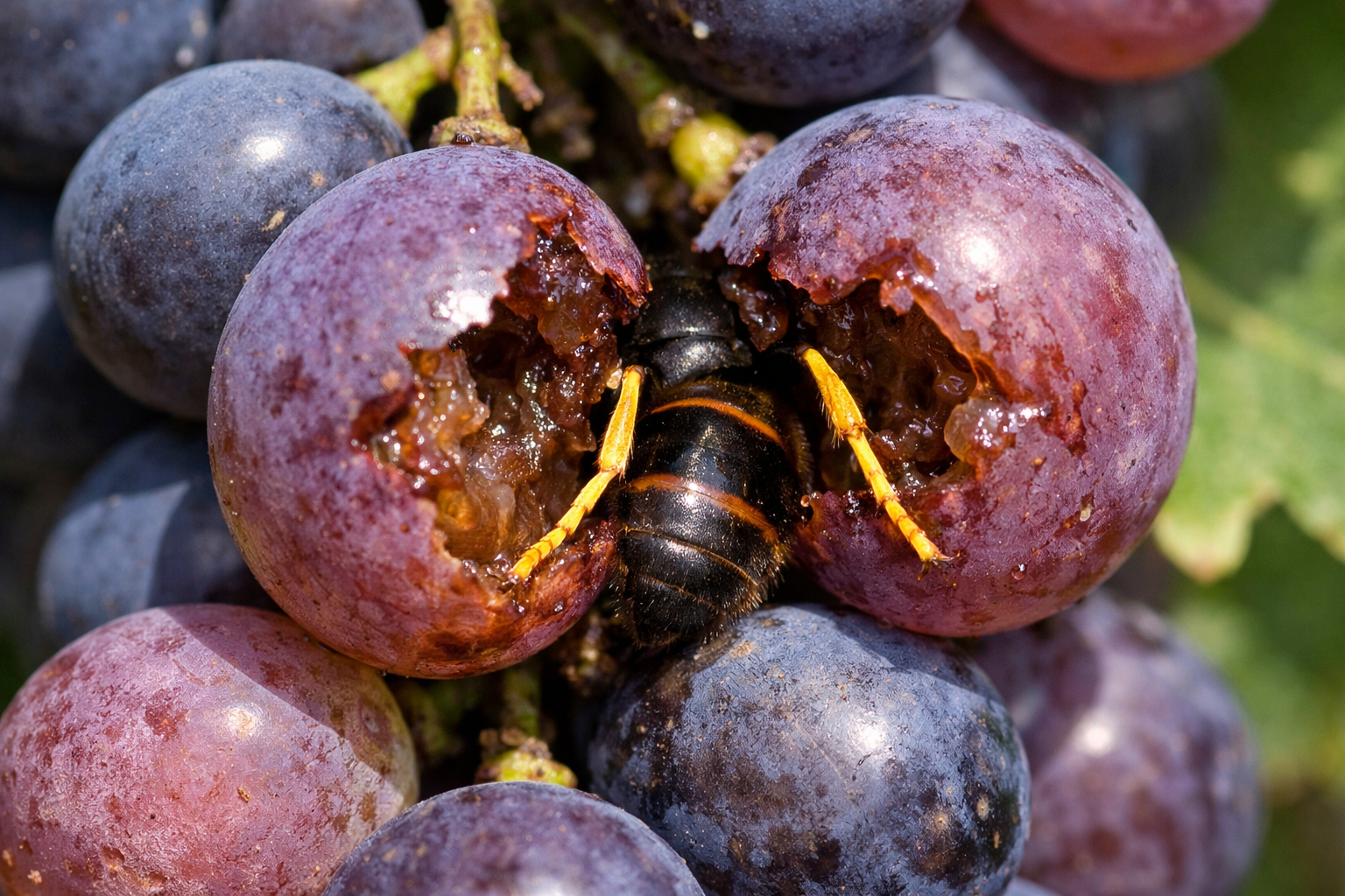Frelon partiellement caché entre les grains d’une grappe mûre