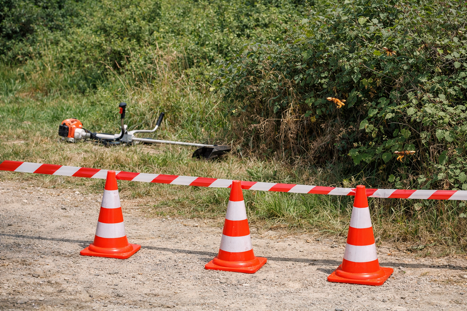 Zone balisée après découverte de frelons dans les herbes hautes