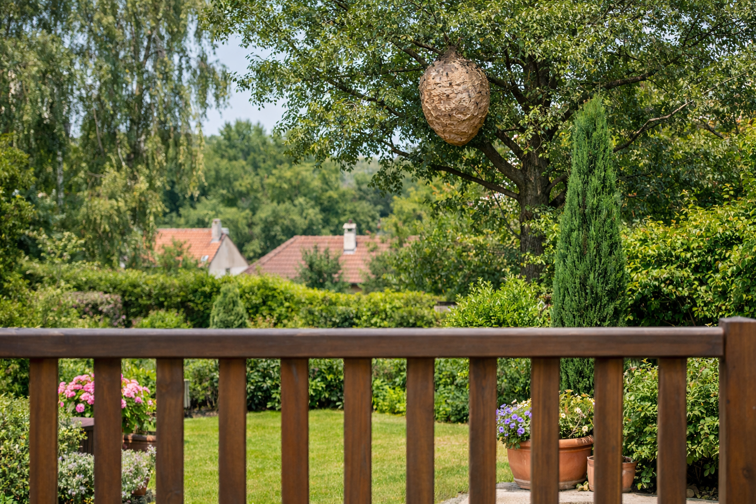 Nid de frelons observé à distance dans un jardin villeneuvois