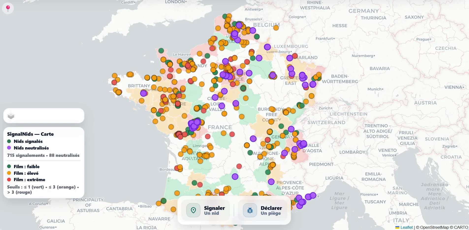 carte des r&eacute;gions les plus touch&eacute;es par le frelon asiatique en france