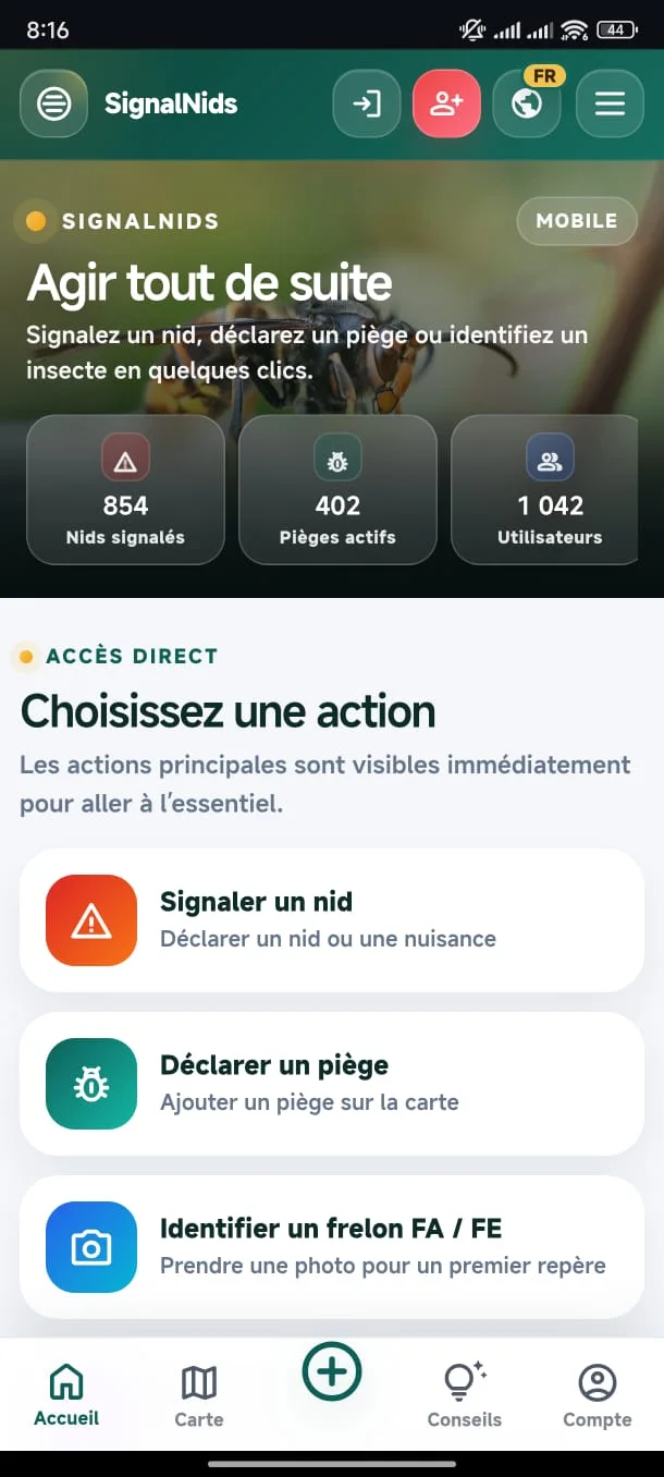 Accueil de l&rsquo;application SignalNids.fr pour le frelon asiatique