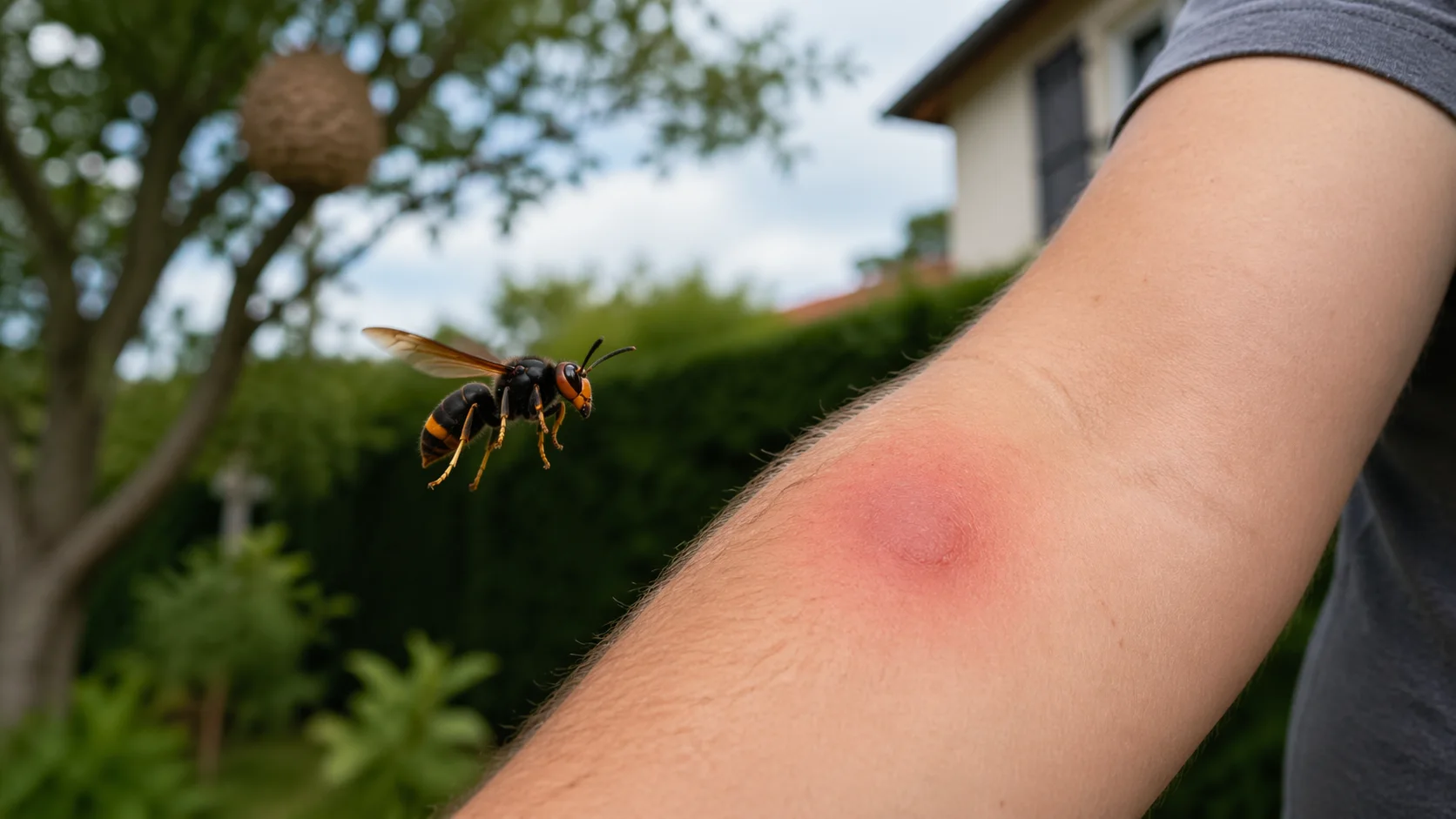 Piq&ucirc;re de frelon asiatique sur un avant-bras avec rougeur visible, frelon asiatique &agrave; proximit&eacute; dans un jardin