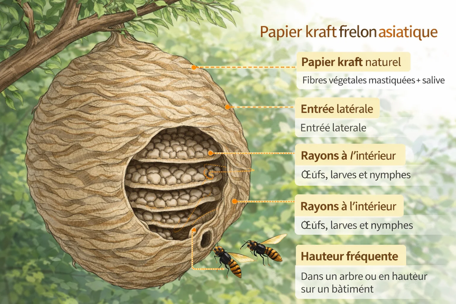 schéma du nid de frelon asiatique en papier kraft avec enveloppe externe et entrée latérale